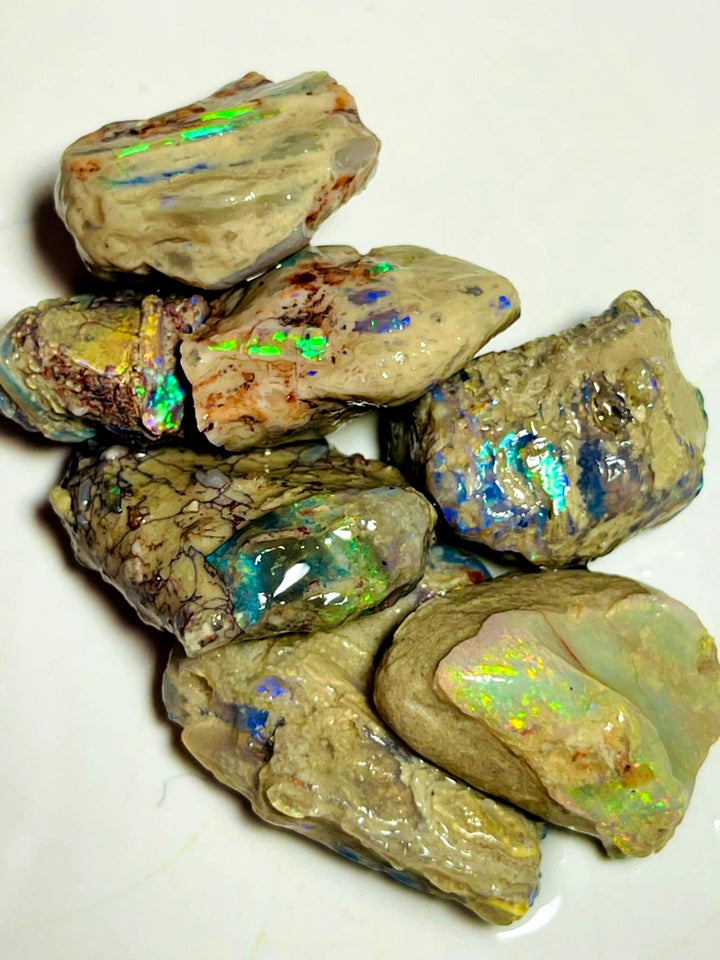 Lightning Ridge Rough Dark Base Bright Multi colour Opal formation Parcel 93cts Lots of Potential & Cutters Lots bright colours & bars 23x20x6mm to 18x13x8mm WAC07