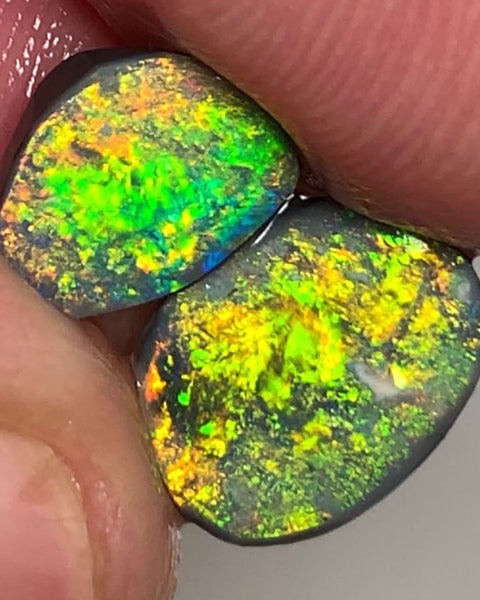 Lightning Ridge Rough / Rub Black opal Pair Miners Bench®  2.2cts Exotic Super Bright Vibrant & Vivid Multifires  11x8x1mm & 9x6x1mm WSU52