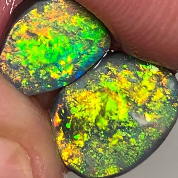 Lightning Ridge Rough / Rub Black opal Pair Miners Bench®  2.2cts Exotic Super Bright Vibrant & Vivid Multifires  11x8x1mm & 9x6x1mm WSU52