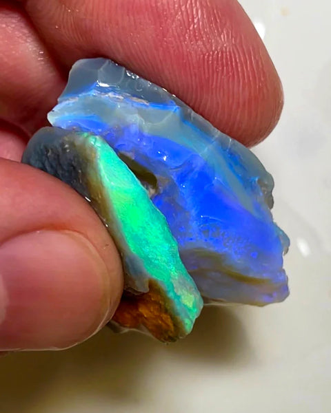 Lightning Ridge Rough Opal Pair Dark Base Seams 38cts Cutters High Grade Bright Fires / Multifires in bars 32x18x10mm & 24x20x4mm WAB71