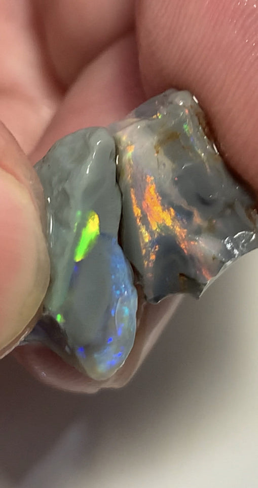 Lightning Ridge Rough Opal 14cts Pair Handpicked Select Semi Black Seams lots of Nice Bright Multi colour fires to Cut / carve & Polish WSB640