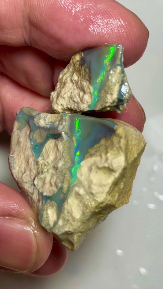 Bling Huge Grawin Dark base Multicolour Seam opal formation split pair 120.00cts Exotic Bright Vibrant Green dominant M.fires Sand/clay host rock Own a piece of Grawin 35x30x17 & 25x17x9 mm NSW040