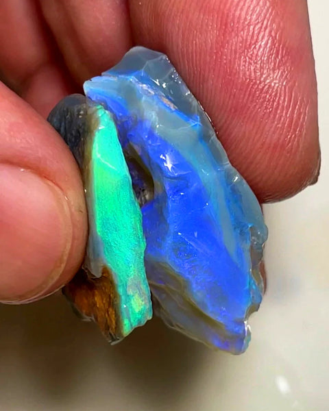 Lightning Ridge Rough Opal Pair Dark Base Seams 38cts Cutters High Grade Bright Fires / Multifires in bars 32x18x10mm & 24x20x4mm WAB71