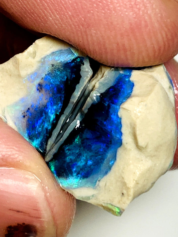 Lightning Ridge Rough Knobby Opal split pair 21cts Cutters Black Exotic Stunning bright Multifires to cut 15x13x12mm & 12x8x3mm WAC01