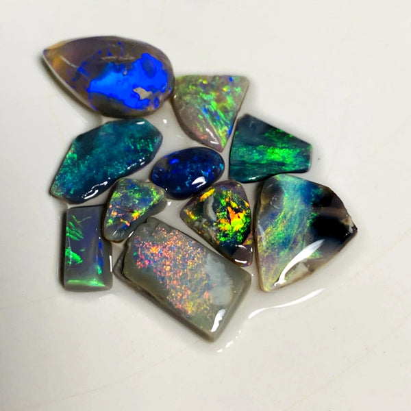 OPAL MONTH SPECIAL Lightning Ridge Opal Rough Rub Preform Parcel Black Dark & Crystal Miners Bench® 15.75cts Stunning Bright Multifires & patterns to faces 15x8x6mm to 6x3x2mm WAA15