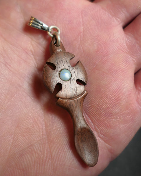 Hand Carved Mini Hardwood Welsh Love spoon Pendant set with Australian opal Trimmed with sterling silver bail 50x15x4mm XMASb33