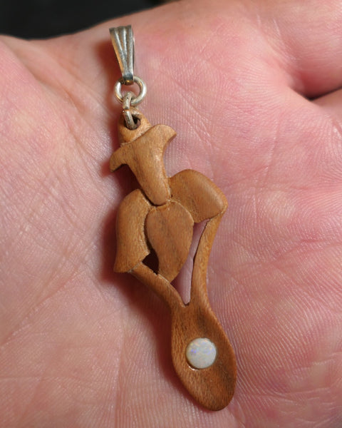 Hand Carved Mini Hardwood Welsh Love spoon Pendant set with Australian opal Trimmed with sterling silver bail 50x20x4mm XMASb31