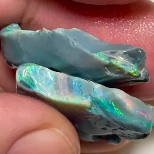 Mulga® Dark base seam opal rough Green/Yellow/Pinks/Oranges dominant fires 28.75cts Wee Warra plains Material To cut  28x23x4 & 28x15x3 mm NEW942