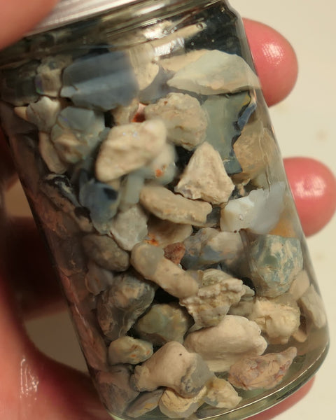 Lightning Ridge Rough Opal Parcel 400cts potch mixed knobby fossil seam (shown in jar) 22mm to chip size JanB23