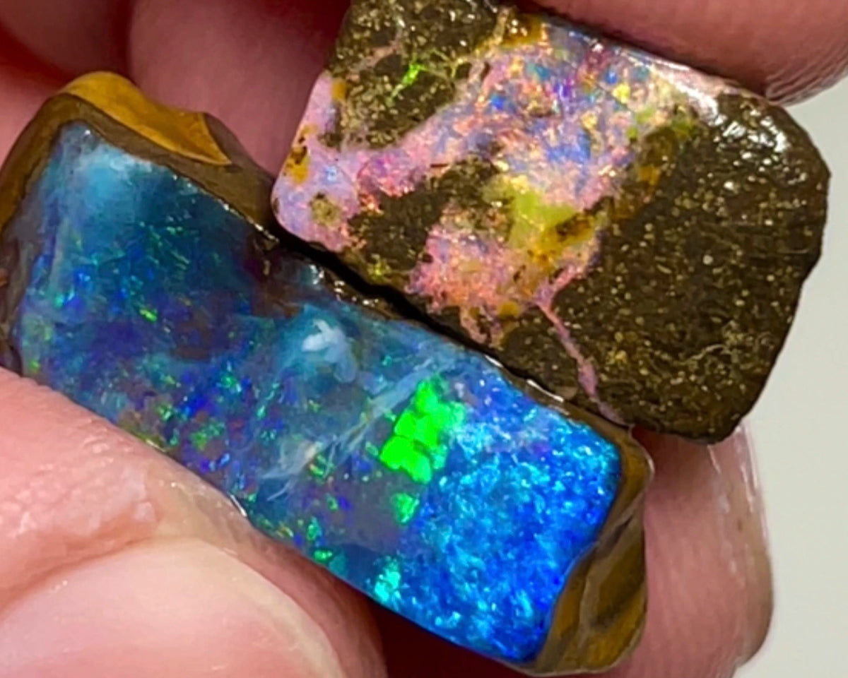 Bling Bling Boulder opal 20cts rough / Rubs Gem Winton Bright & Gorgeous Pinks/Greens/Blues Multifires 20x7x5mm to 14x8x4mm AUCTION NSA009