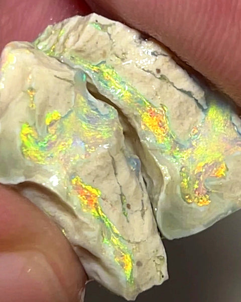 Lightning Ridge Rough Opal Dark Base Knobby Formation Split Pair 17.5cts Yellow/Orange Dominant Multifires 20x14x8mm & 17x10x7mm WAC05