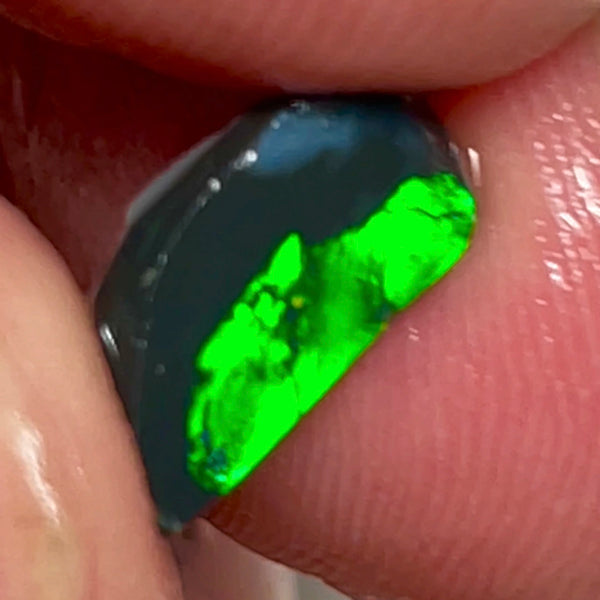 Lightning Ridge Opal Miners Bench® Black Base Seam Rough Rub 1.175cts Vivid Bright Green fires 11x6x1.5mm NSW015