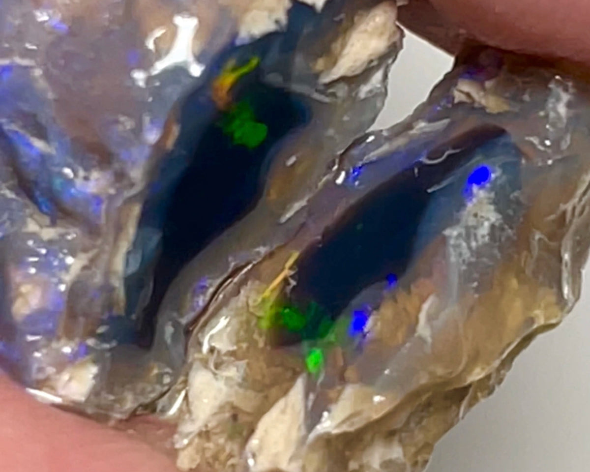 Lightning Ridge knobby opal rough 15.75cts Sun flashes of Multifires sat on black center 20x12x7 & 15x5x4mm NSW090