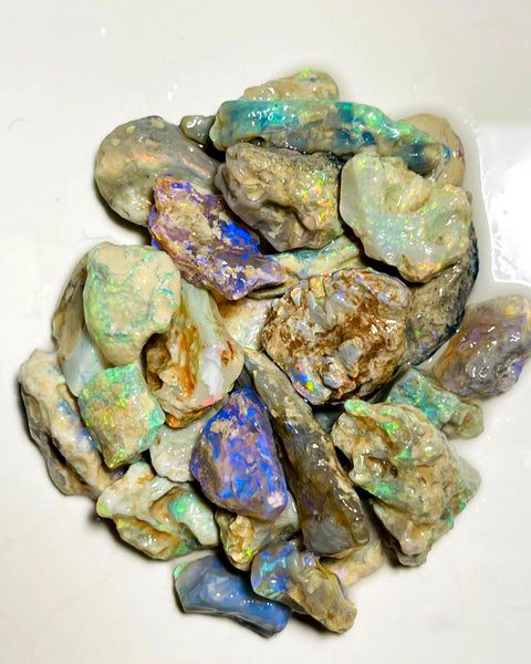 Lightning Ridge Rough  Dark & Crystal Knobby Seams Opal Parcel 120cts Lots of Potential & Cutters Bright Multicolours 24x8x5mm to 10x9x3mm WAC23