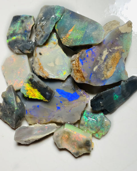 Lightning Ridge Opal Rub n rough Parcel Black & Semi Black  parcel from the Miners Bench® 64cts Stunning Bright Multifires to faces 27x22x3mm to 10x8x4mm WST85