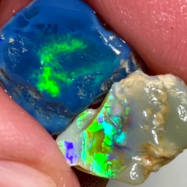 Lightning Ridge 9.5cts Bright & gorgeous Opal rough pair Stunning Green Blue fires 12x11x5 & 14x9x4 mm 1127