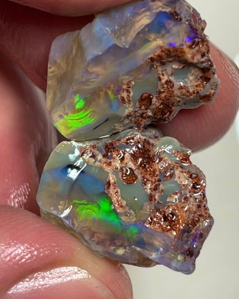 Crystal opal formation split 24.50cts L/Ridge Green dominant fires 18x15x10 & 18x14x9 mm NSW052