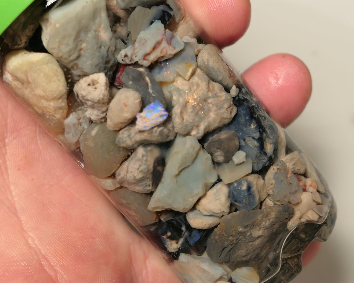 Lightning Ridge Rough Opal Parcel 400cts potch mixed knobby fossil seam (shown in jar) 20mm to chip size  38APR
