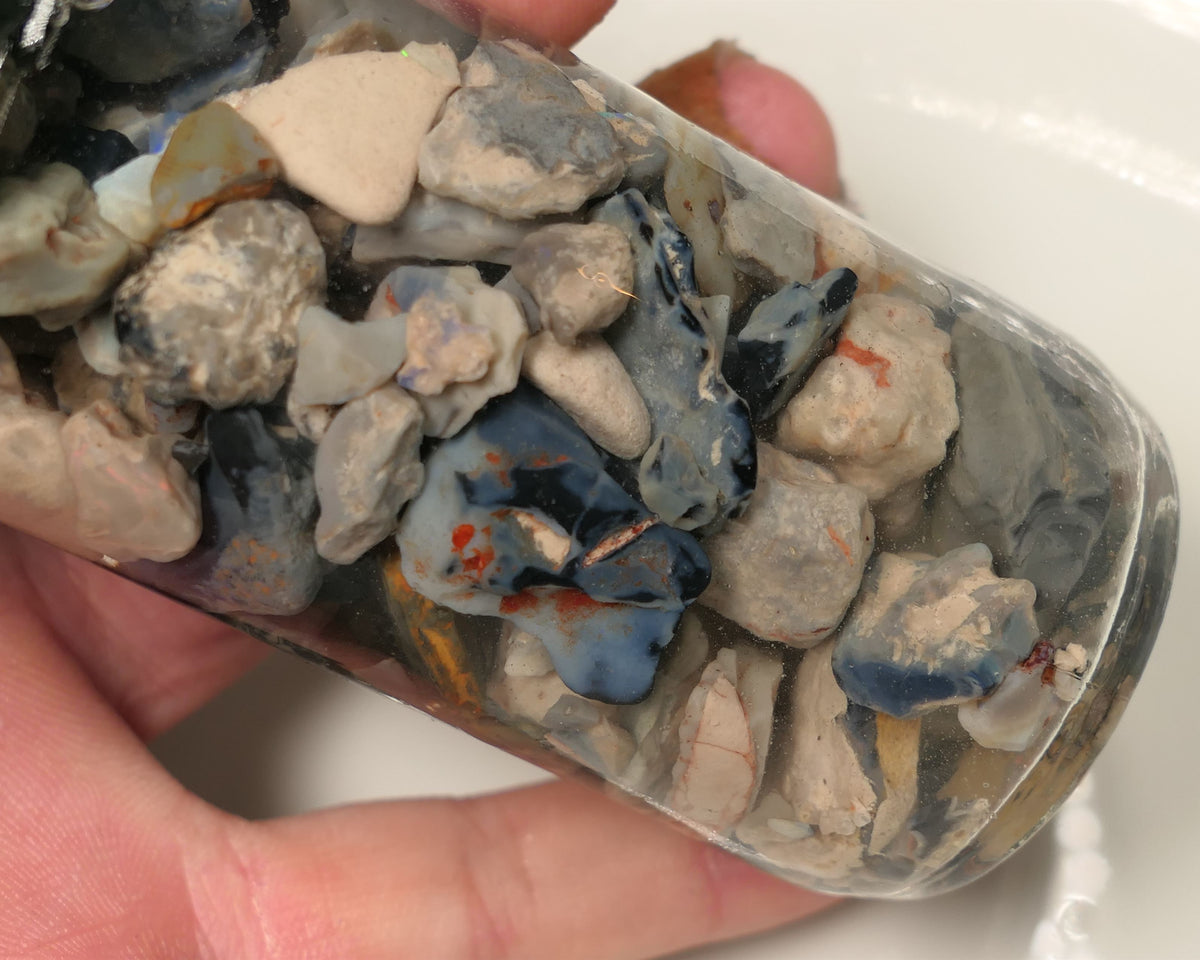 Lightning Ridge Rough Opal Parcel 400cts potch mixed knobby fossil seam (shown in jar) 20mm to chip size  0413