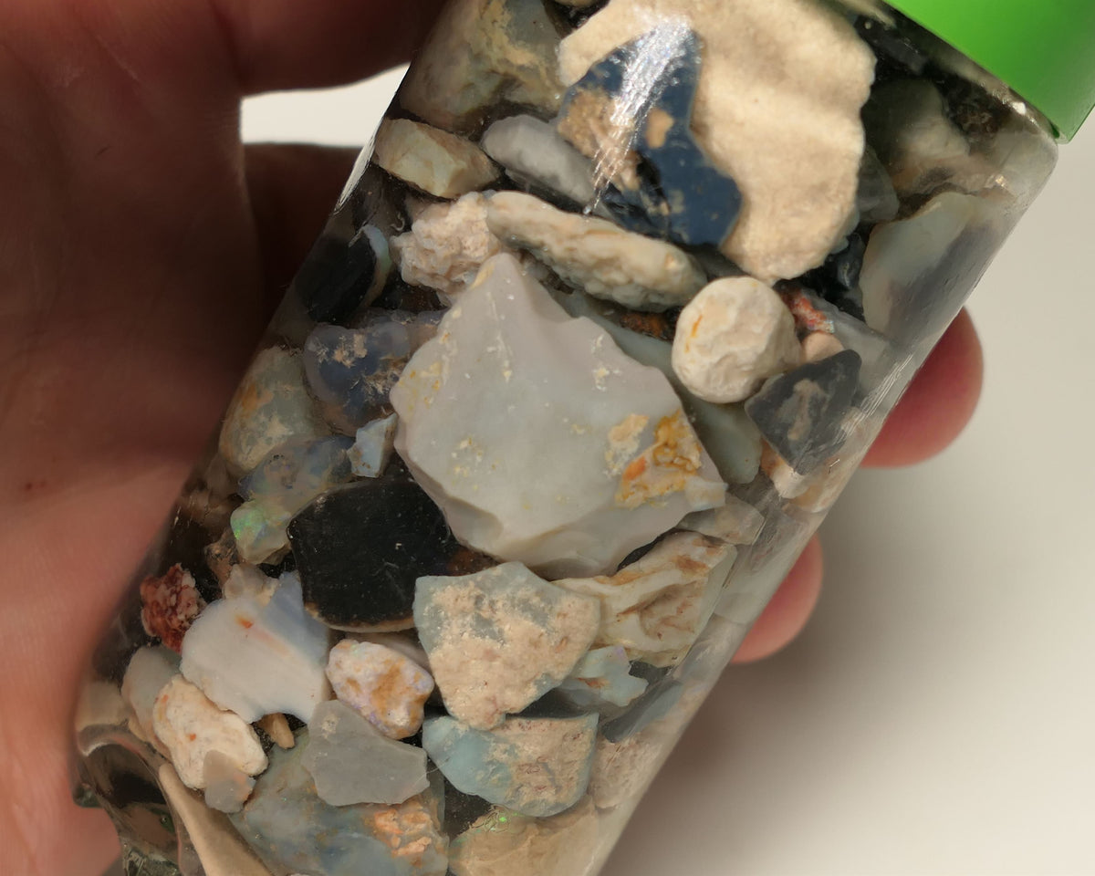 Lightning Ridge Rough Opal Parcel 400cts potch mixed knobby fossil seam (shown in jar) 20mm to chip size  0443