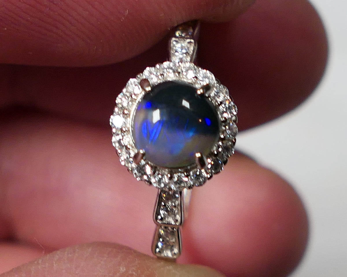 Miners Bench® Stunning Black Crystal Opal 6mm Round 0.6cts in Sterling Silver 925 Adjustable Ring Setting FR131