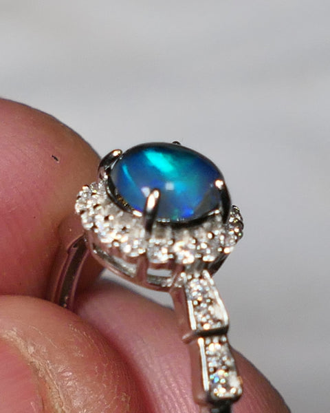 Miners Bench® Stunning Black Crystal Opal 6mm Round 0.6cts in Sterling Silver 925 Adjustable Ring Setting FR131