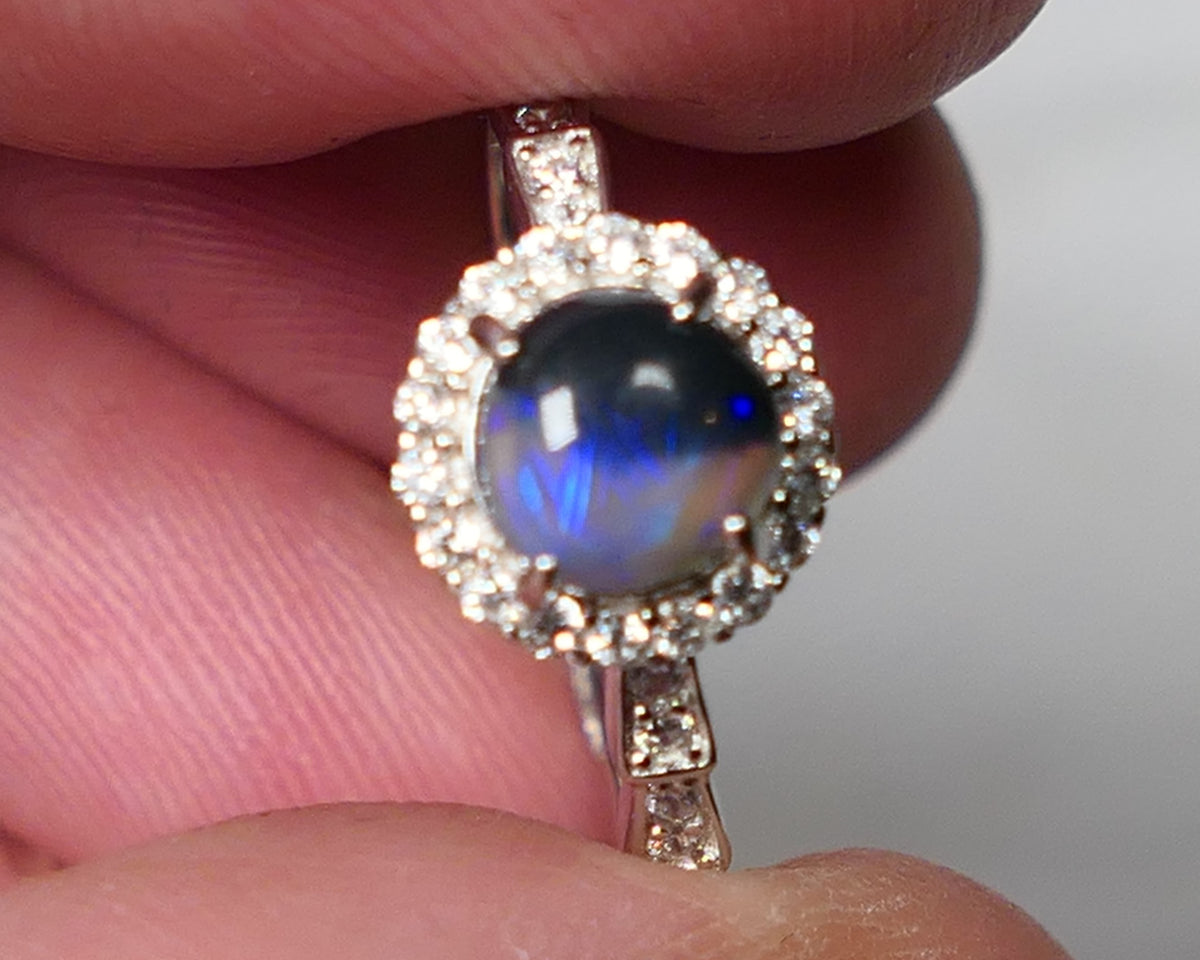 Miners Bench® Stunning Black Crystal Opal 6mm Round 0.6cts in Sterling Silver 925 Adjustable Ring Setting FR131