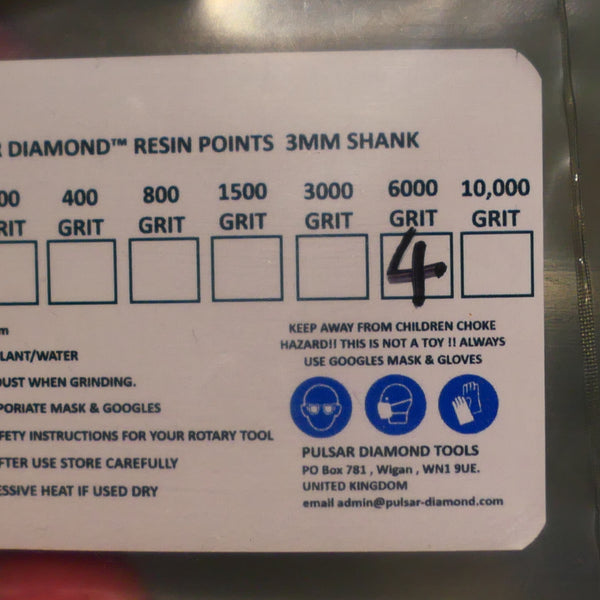 PULSAR™ DIAMOND RESIN POINTS MK2'S COLOUR CODED LAPIDARY BURRS FOR DREMEL & ROTARY TOOLS 3MM SHAFT POLISH SET 4x 6,000 GRITS