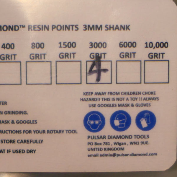 PULSAR™ DIAMOND RESIN POINTS MK2'S COLOUR CODED LAPIDARY BURRS FOR DREMEL & ROTARY TOOLS 3MM SHAFT POLISH SET 4x 3,000 GRITS