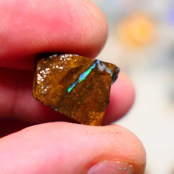 Queensland Boulder Boulder opal 6.40cts rough rub with some nice Gren/Blue fires in the vein 16x12x4.5mm BO-007