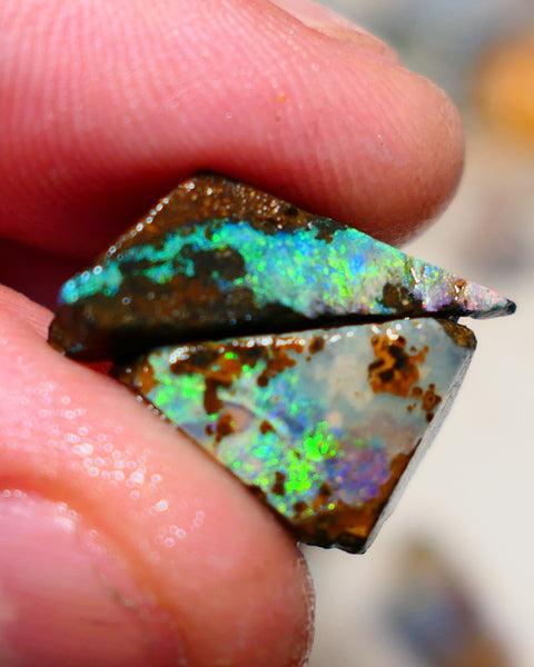Queensland Boulder opal Stunning pair 17cts rough rubs Winton gorgeous faces with Bright Multifires 22x8x8mm & 17x10x7mm BO-005