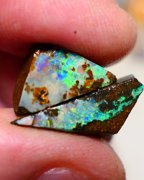 Queensland Boulder opal Stunning pair 17cts rough rubs Winton gorgeous faces with Bright Multifires 22x8x8mm & 17x10x7mm BO-005