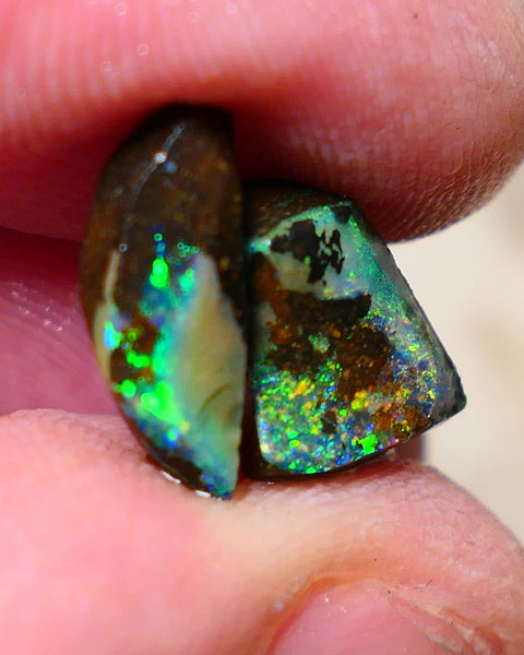 Queensland Boulder opal small pair 7.7cts rough rubs Winton gorgeous faces with Bright Multifires 14x6x4mm & 11x9x5mm BO-003