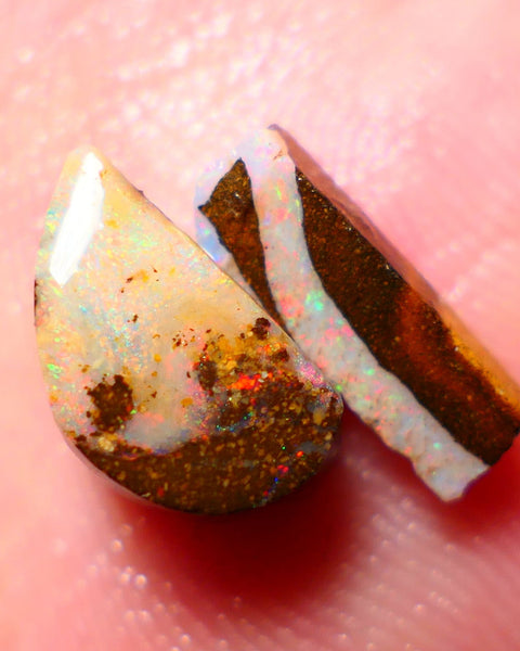 Queensland Boulder opal Stunning pair 7.50cts rough rubs Winton gorgeous faces Orange & Yellow Dominant Bright Multifires 13x7x6mm & 14x4x3.5mm BO-022