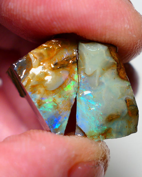 Queensland Boulder opal Stunning pair 30cts rough rubs Winton gorgeous faces with Bright Multifires 19x11x10mm & 16x12x10mm BO-019