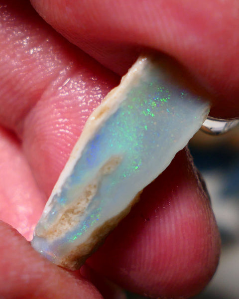 Lightning Ridge Rough Opal 9.75cts Dark Crystal Seam showing nice multicolours in flat thick bar 24x9x8mm 1328