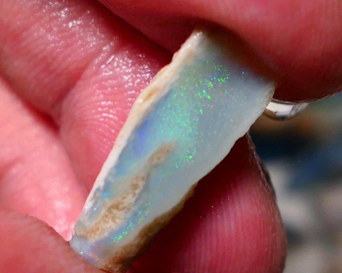 Lightning Ridge Rough Opal 9.75cts Dark Crystal Seam showing nice multicolours in flat thick bar 24x9x8mm 1328