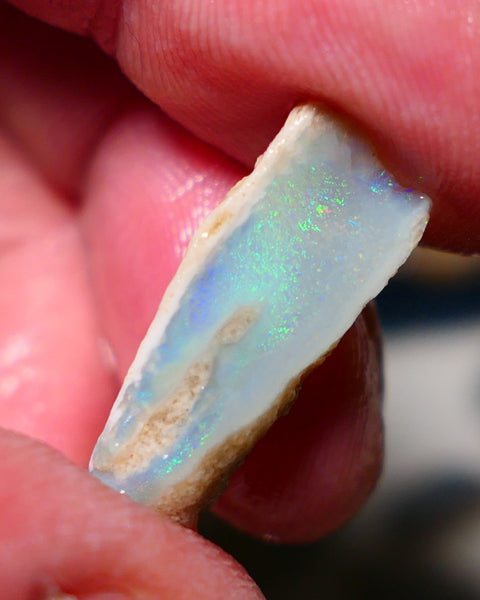 Lightning Ridge Rough Opal 9.75cts Dark Crystal Seam showing nice multicolours in flat thick bar 24x9x8mm 1328