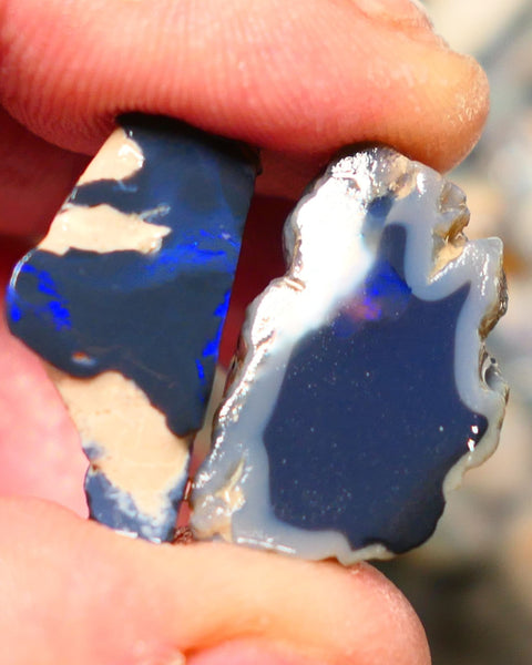 Lightning Ridge Opal Dark base Rough Rub pair 30cts Both showing nice exposed blues  24x15x11mm to 26x10x7mm 1339