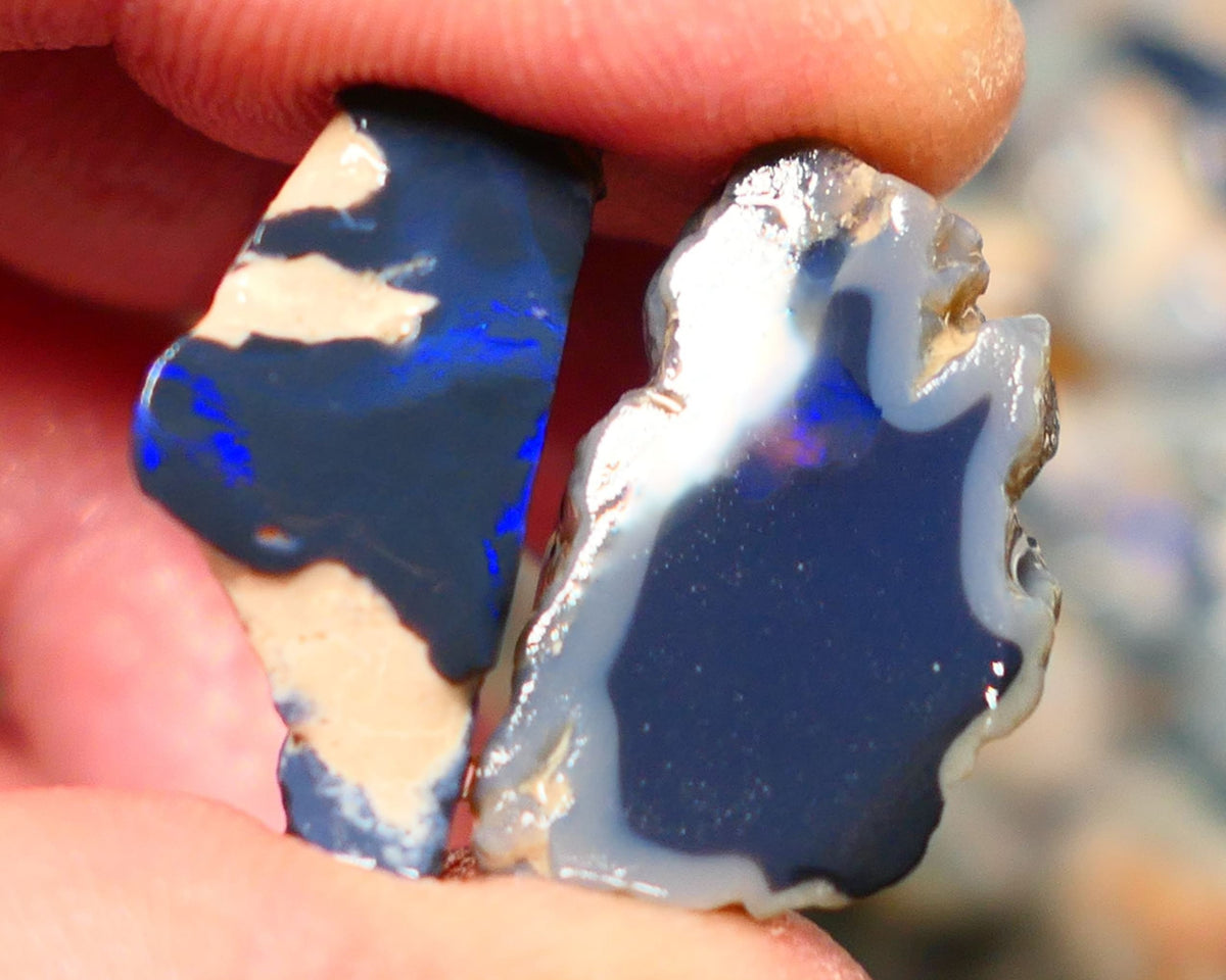 Lightning Ridge Opal Dark base Rough Rub pair 30cts Both showing nice exposed blues  24x15x11mm to 26x10x7mm 1339