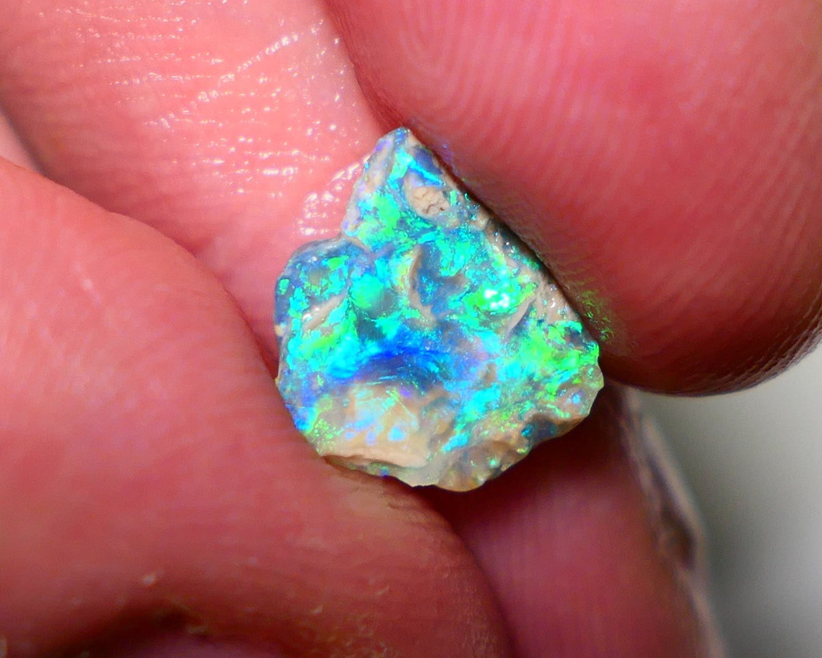 Lightning Ridge Opal Crystal base rub/rough 2cts showing Electric Vibrant & vivid super bright Green/Blue fires 12x10x3mm A1507