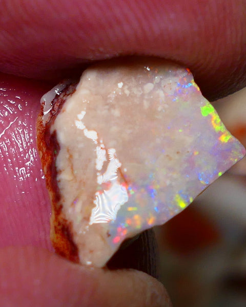 Coober Pedy Rough Rub Opal 8cts White/Light Seam showing Orange/Gold dominant multi colours 15x12x7mm NS021