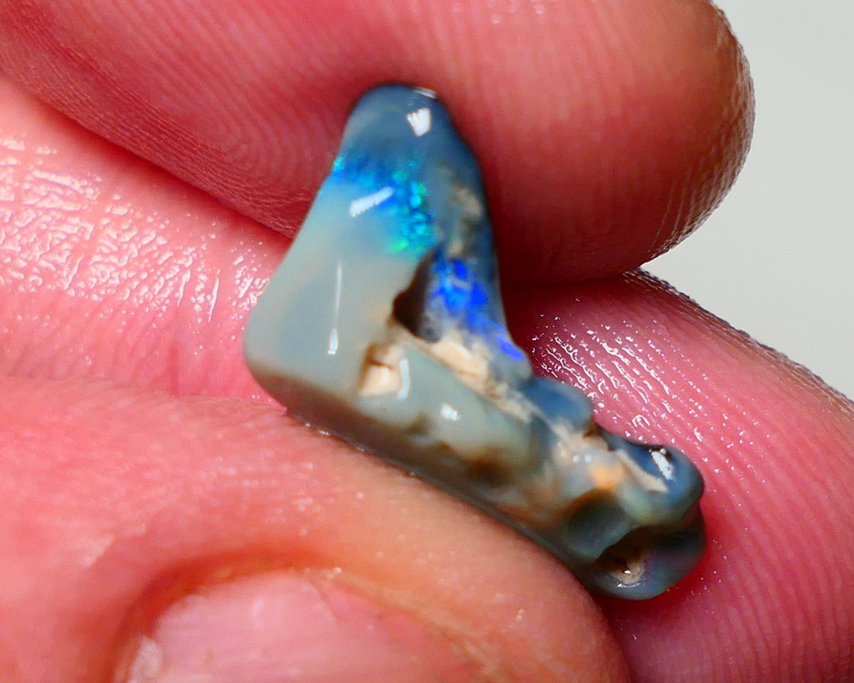 Lightning Ridge Rough Opal 4.25cts Dark Base Seam showing Gemmy bright Blue/Green 18x10x8mm A1547