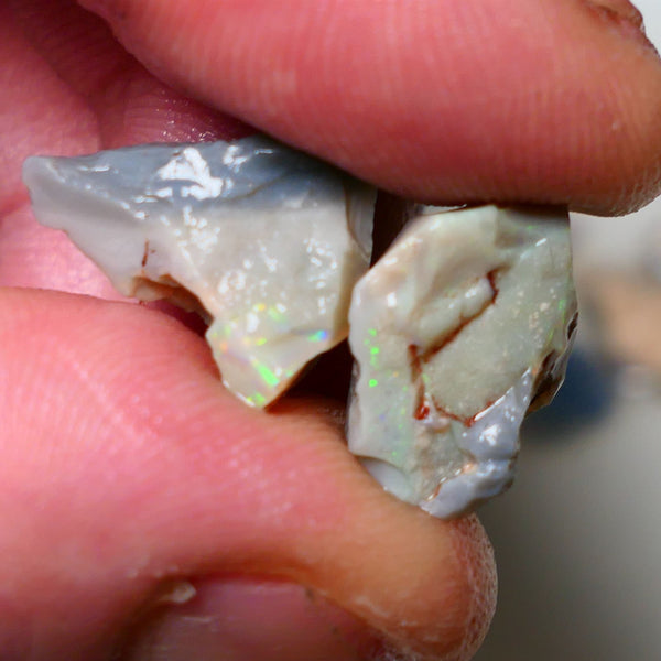 Lightning Ridge Rough Opal pair 14cts Gamble Dark Base Seam some Multifires showing 17x13x9mm & 17x15x5mm NS006