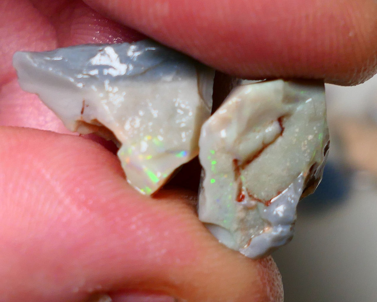 Lightning Ridge Rough Opal pair 14cts Gamble Dark Base Seam some Multifires showing 17x13x9mm & 17x15x5mm NS006