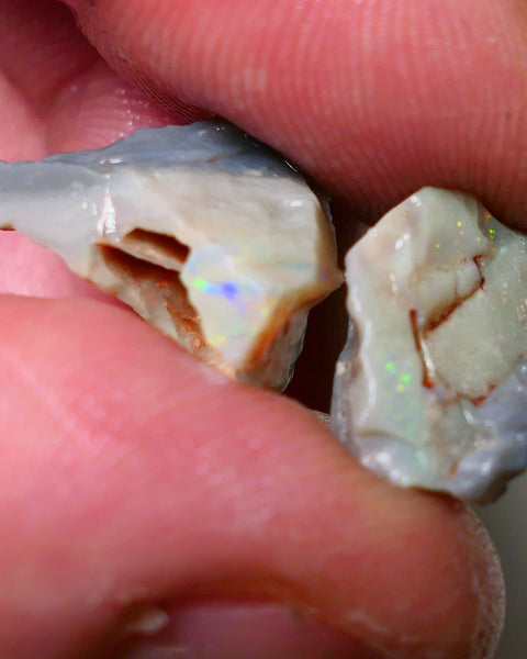 Lightning Ridge Rough Opal pair 14cts Gamble Dark Base Seam some Multifires showing 17x13x9mm & 17x15x5mm  Auction NS006