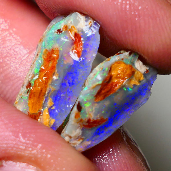 Lightning Ridge 18cts Bright & gorgeous Dark base Crystal Knobby/Opalised fossil Split rough to cut/carve Vibrant Blues and Multicolours 22x13x7mm & 18x10x9mm NSW001