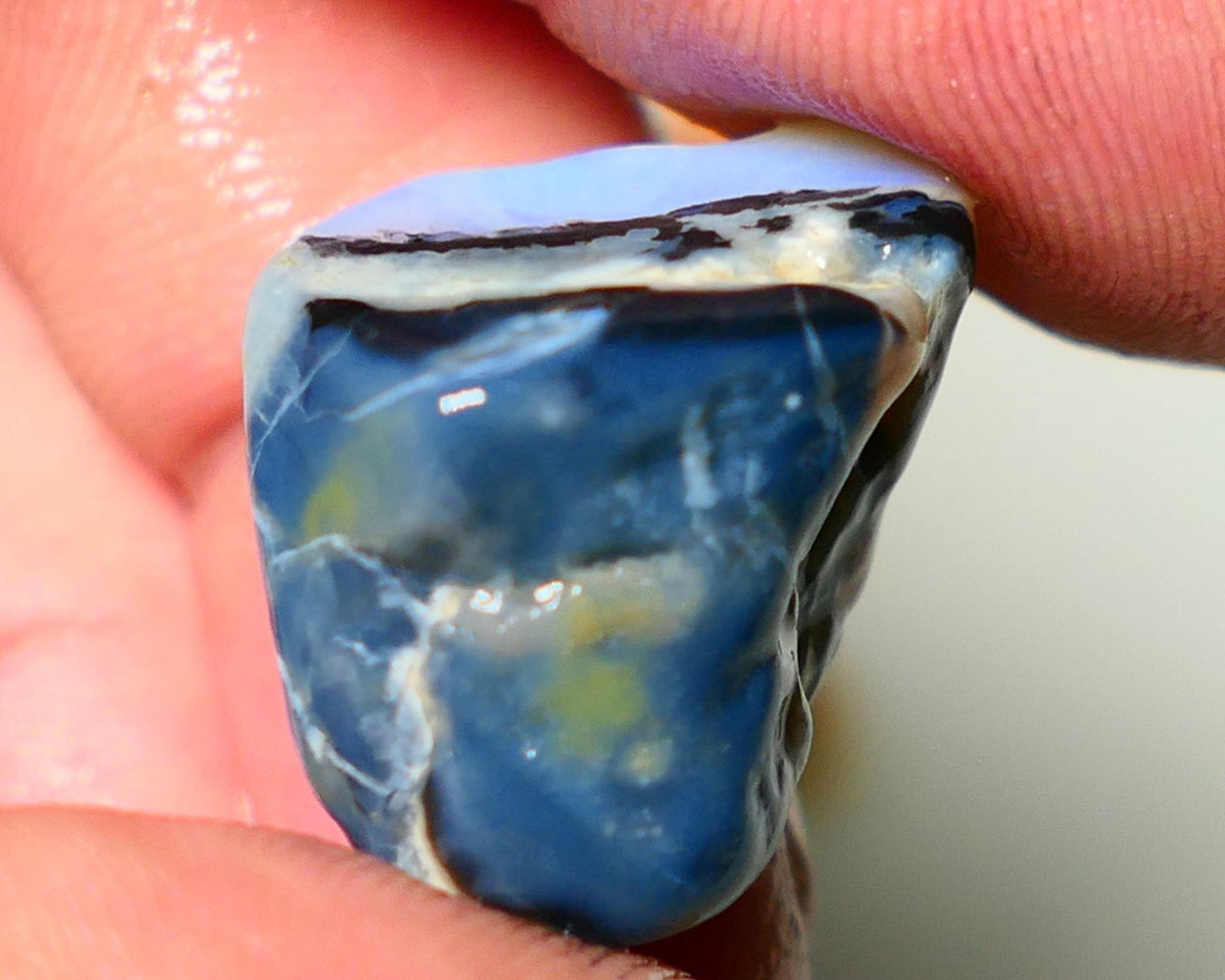 Lightning Ridge Rough Opal 27cts Lots blues in crystal sat on Black base Gamble Seam Chunk 24x18x15mm NS054