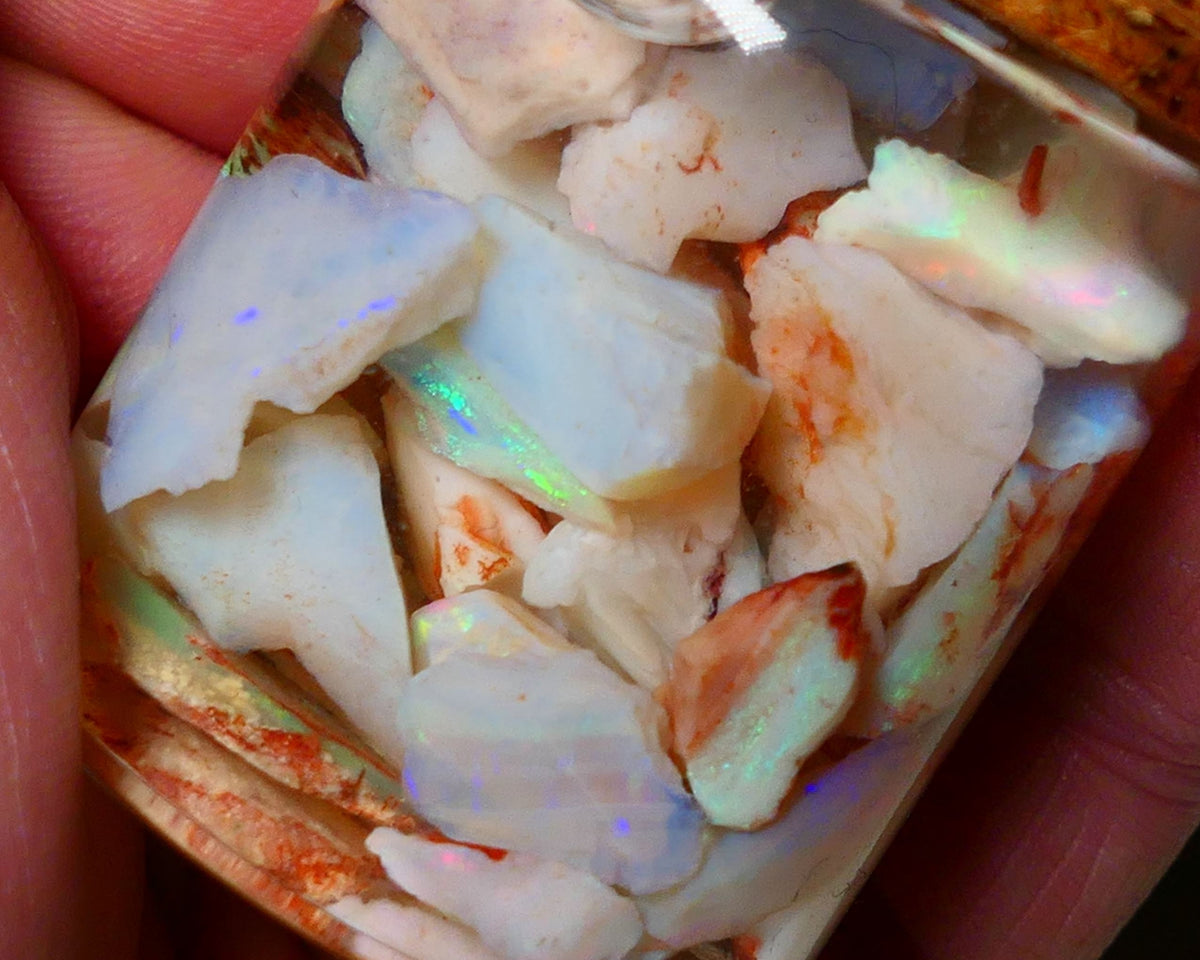 Coober Pedy Opal Rough Parcel Light & Crystal 120cts Gamble but has lots Multicolours / colours to go at 15mm to chip size CPJAR04