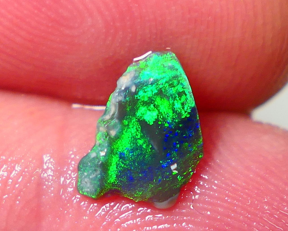 Mulga® Green/Blue dominant Multifires on Black Opal Rough Rub Miners Bench® 0.75cs Gorgeous face 10x6x2mm NS153